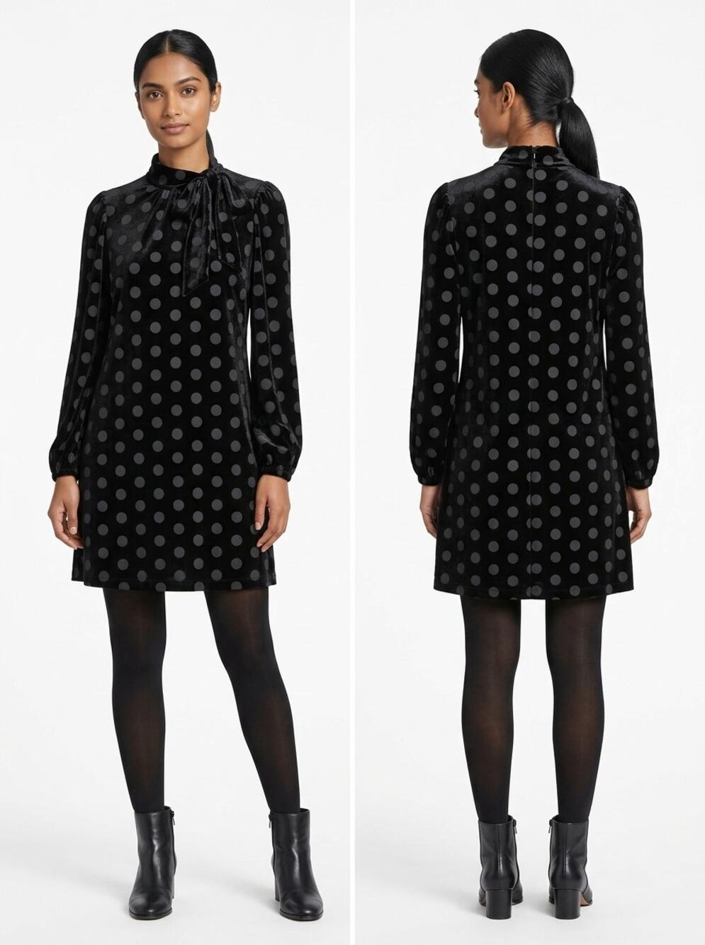 Calvin Klein Black Polka Dot Velvet Tie Neck Bow Shift Dress Women Size 10